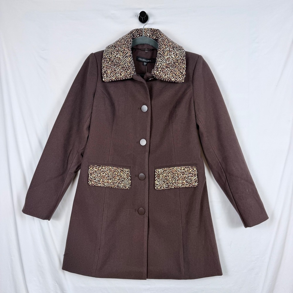 Colleen Lopez Women XS Brown Sequin Embellished Removable Collar Coat NWT Glam